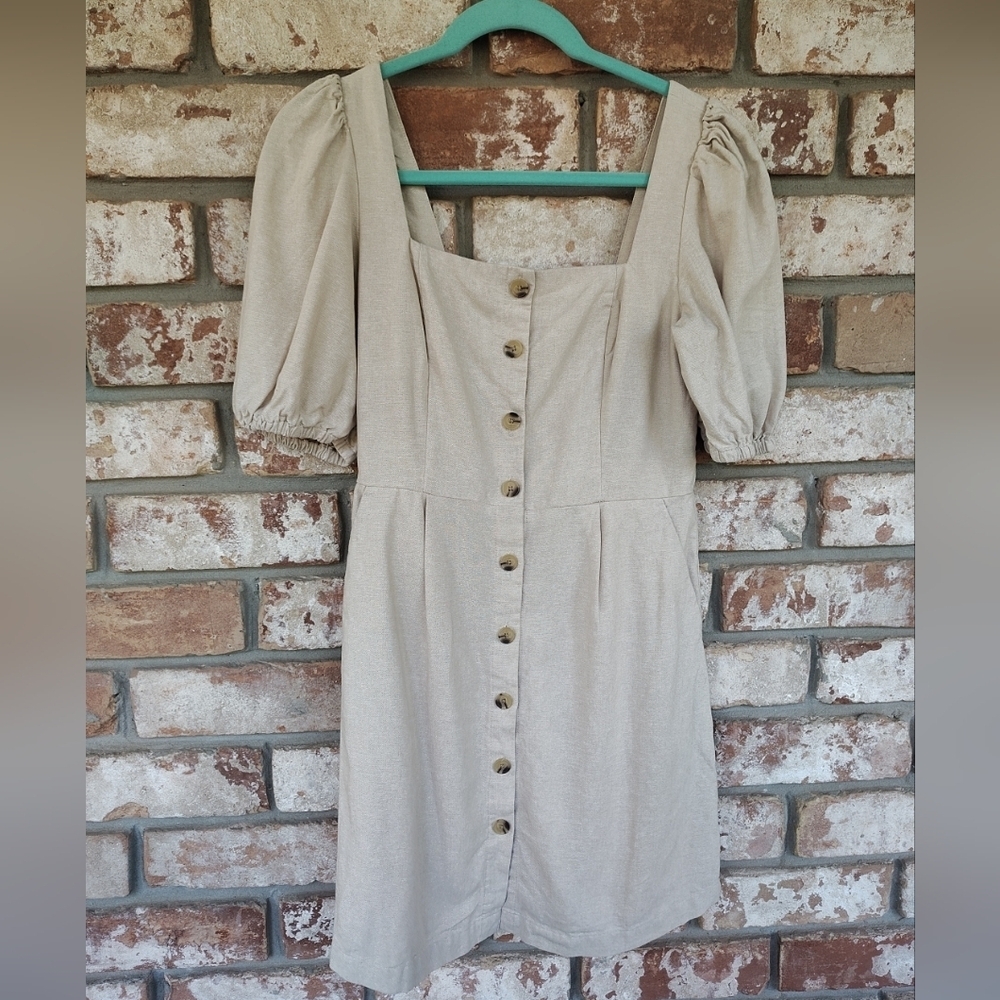 Old Navy Beige Linen Blend Puff Sleeve Square Neck Button Front Mini Dress Sz S